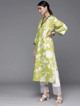 Lime Green Cotton Printed Kurta With Sequins Detailing