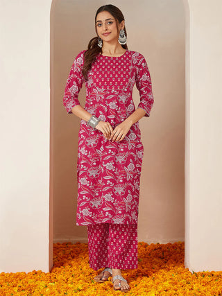 Magenta Cotton Floral Print Kurta Bottom Set