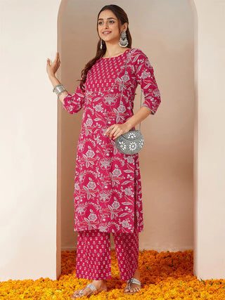 Magenta Cotton Floral Print Kurta Bottom Set