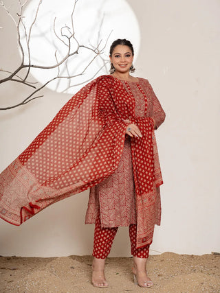 Maroon & Beige Cotton Ethnic Motif Printed, Beads & Stones Detailing Suit Set with Voile Dupatta