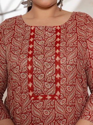 Maroon & Beige Cotton Ethnic Motif Printed, Beads & Stones Detailing Suit Set with Voile Dupatta