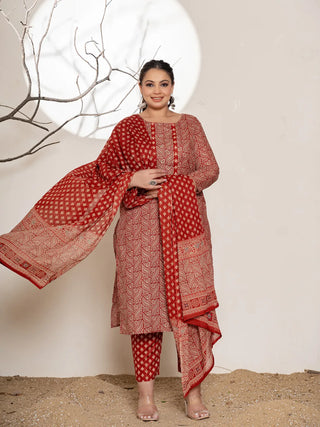 Maroon & Beige Cotton Ethnic Motif Printed, Beads & Stones Detailing Suit Set with Voile Dupatta