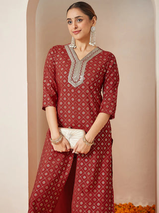 Maroon Chanderi Silk Embellished Gold Print Front Slit Kurta Bottom Set