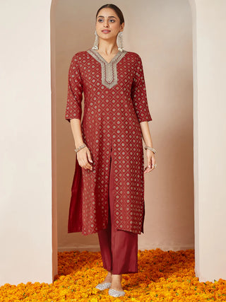 Maroon Chanderi Silk Embellished Gold Print Front Slit Kurta Bottom Set