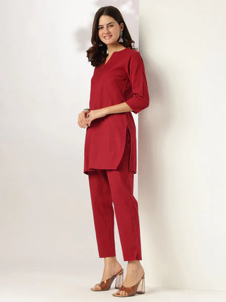 Maroon Solid Cotton A-Line Co-Ord Set