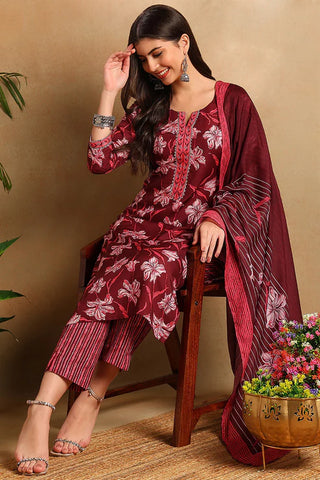 Maroon Rayon Blend Floral Print Straight Shape Kurta with Cotton Blend Trouser & Dupatta