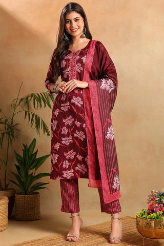 Maroon Rayon Blend Floral Print Straight Shape Kurta with Cotton Blend Trouser & Dupatta