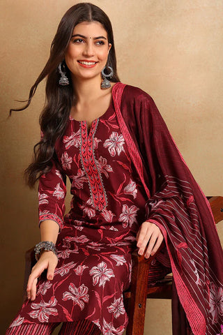 Maroon Rayon Blend Floral Print Straight Shape Kurta with Cotton Blend Trouser & Dupatta