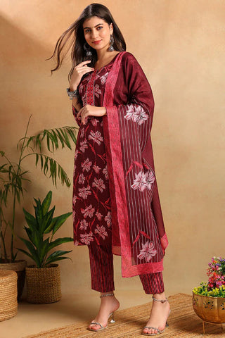 Maroon Rayon Blend Floral Print Straight Shape Kurta with Cotton Blend Trouser & Dupatta