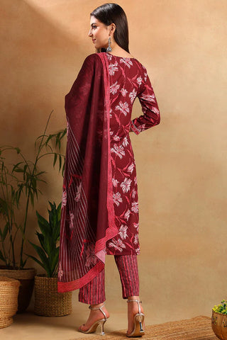 Maroon Rayon Blend Floral Print Straight Shape Kurta with Cotton Blend Trouser & Dupatta