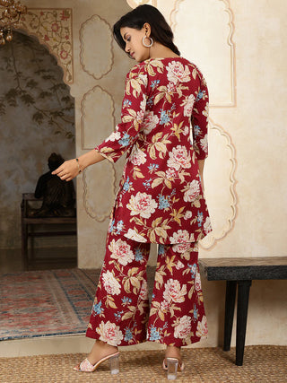Maroon Pure Cotton Printed Kurta Bottom Set