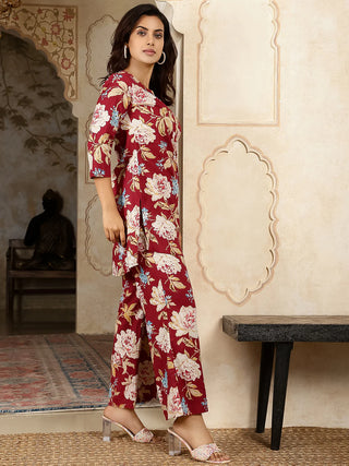 Maroon Pure Cotton Printed Kurta Bottom Set