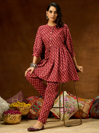 Maroon Cotton Ethnic Motif Printed Peplum Style Co-Ord Set