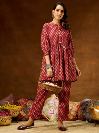 Maroon Cotton Ethnic Motif Printed Peplum Style Co-Ord Set