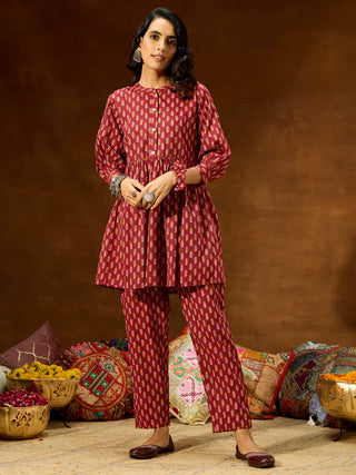 Maroon Cotton Ethnic Motif Printed Peplum Style Co-Ord Set