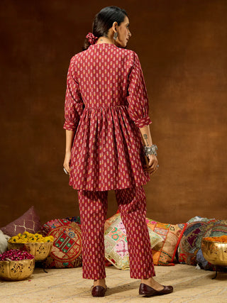 Maroon Cotton Ethnic Motif Printed Peplum Style Co-Ord Set