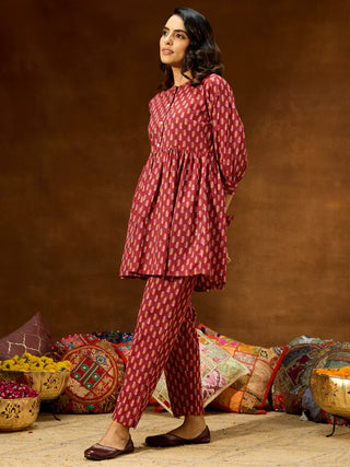 Maroon Cotton Ethnic Motif Printed Peplum Style Co-Ord Set
