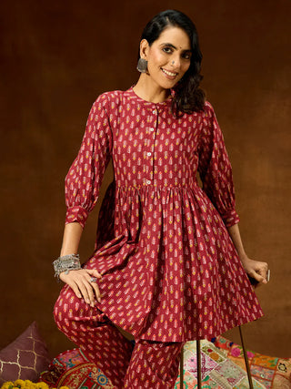 Maroon Cotton Ethnic Motif Printed Peplum Style Co-Ord Set