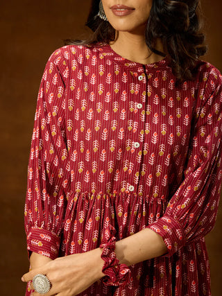 Maroon Cotton Ethnic Motif Printed Peplum Style Co-Ord Set