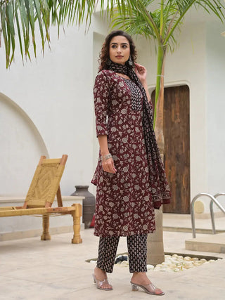 Maroon Cotton Floral Print Straight Shape Suit Set with Dupatta