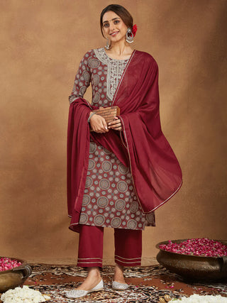 Maroon Cotton Ethnic Motif Printed Straight Shape Suit Set with Dupatta