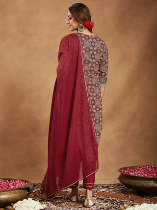 Maroon Cotton Ethnic Motif Printed Straight Shape Suit Set with Dupatta