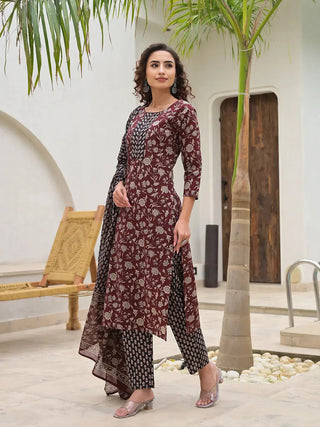 Maroon Cotton Floral Print Straight Shape Suit Set with Dupatta