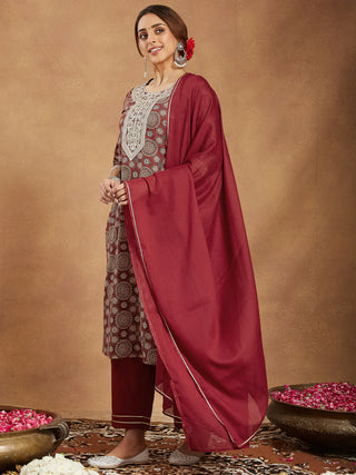 Maroon Cotton Ethnic Motif Printed Straight Shape Suit Set with Dupatta
