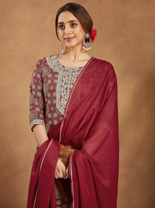 Maroon Cotton Ethnic Motif Printed Straight Shape Suit Set with Dupatta