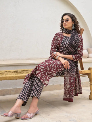 Maroon Cotton Floral Print Straight Shape Suit Set with Dupatta