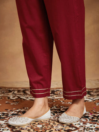 Maroon Cotton Ethnic Motif Printed Straight Shape Suit Set with Dupatta