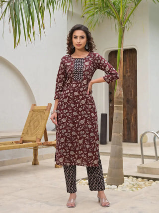 Maroon Cotton Floral Print Straight Shape Suit Set with Dupatta