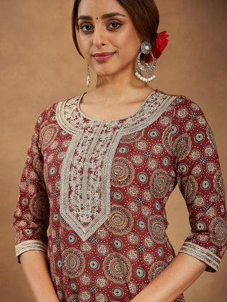 Maroon Cotton Ethnic Motif Printed Straight Shape Suit Set with Dupatta