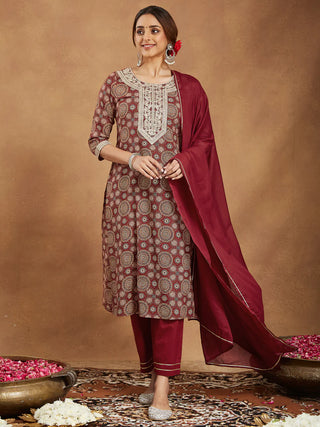 Maroon Cotton Ethnic Motif Printed Straight Shape Suit Set with Dupatta