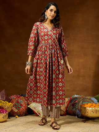 Maroon Pure Cotton Floral Print A-Line Kurta Bottom Set