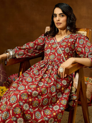 Maroon Pure Cotton Floral Print A-Line Kurta Bottom Set
