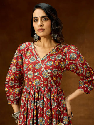 Maroon Pure Cotton Floral Print A-Line Kurta Bottom Set
