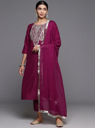 Maroon Silk Blend Embroidered Straight Shape Suit Set with Silk Chiffon Dupatta