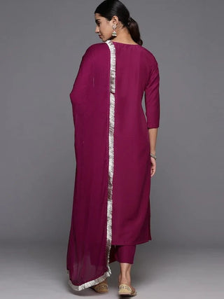 Maroon Silk Blend Embroidered Straight Shape Suit Set with Silk Chiffon Dupatta