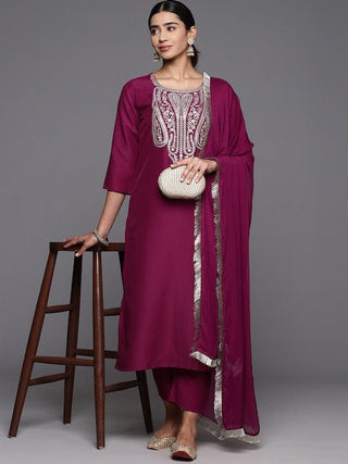 Maroon Silk Blend Embroidered Straight Shape Suit Set with Silk Chiffon Dupatta