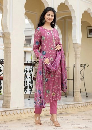 Maroon Modal Silk Floral Print Suit Set with Dupatta