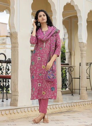 Maroon Modal Silk Floral Print Suit Set with Dupatta