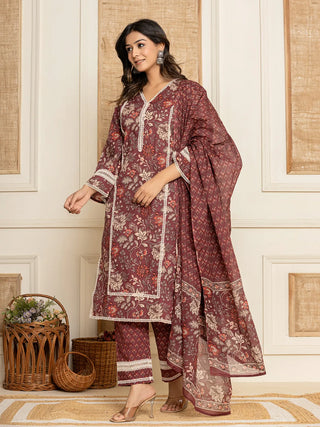 Maroon Cotton Floral Print Suit Set with Voile Dupatta