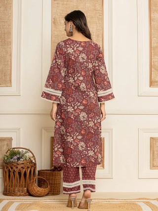 Maroon Cotton Floral Print Suit Set with Voile Dupatta