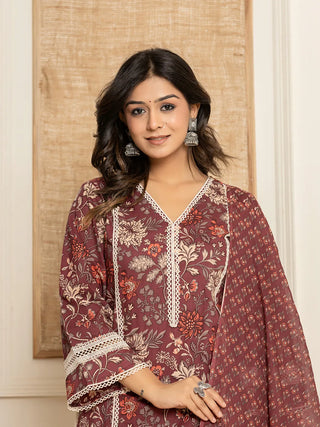 Maroon Cotton Floral Print Suit Set with Voile Dupatta