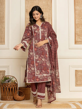 Maroon Cotton Floral Print Suit Set with Voile Dupatta