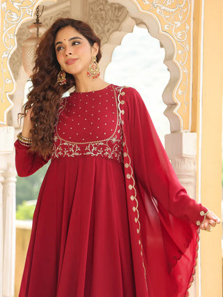 Maroon Georgette Embroidered Anarkali Suit Set with Dupatta