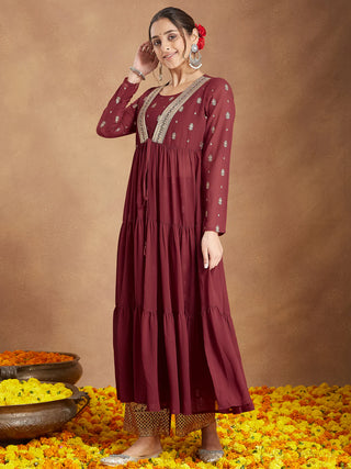 Maroon Georgette Foil Print Anarkali Style Kurta Pant Set