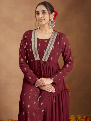 Maroon Georgette Foil Print Anarkali Style Kurta Pant Set