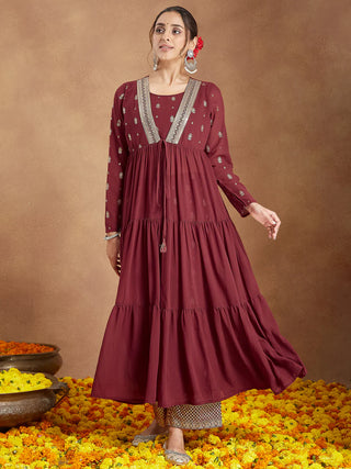Maroon Georgette Foil Print Anarkali Style Kurta Pant Set
